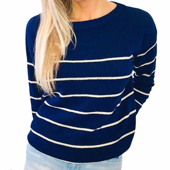 NWT THEKORNER Navy & Tan Stripe TightKnit Sweater - Picture 6 of 7